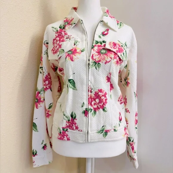Jones New York Sport White Lightweight Jacket w/ Pink Floral Design, Medium - Picture 1 of 5